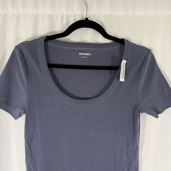 New Old Navy Blouse Women's Medium Blue Ribbed Short Sleeve Round Neck - Picture 2 of 10